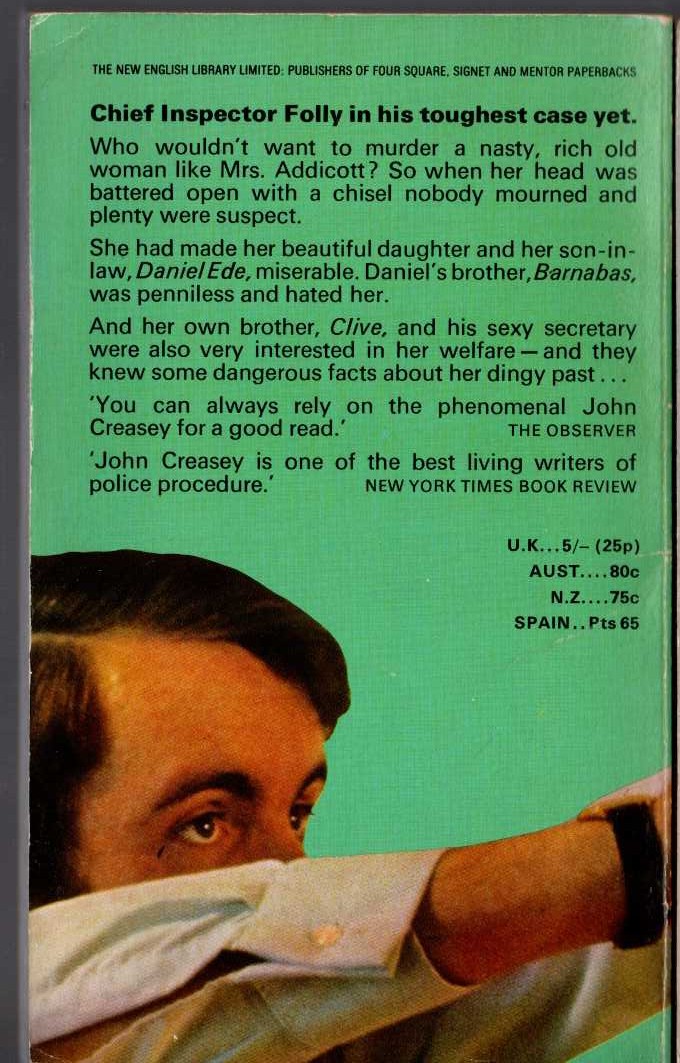 John Creasey  MURDER CAME LATE magnified rear book cover image