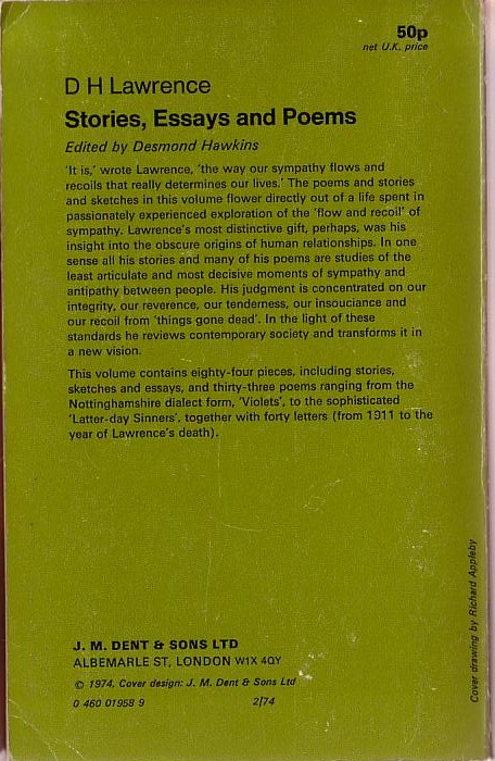 D.H. Lawrence  STORIES, ESSAYS AND POEMS magnified rear book cover image