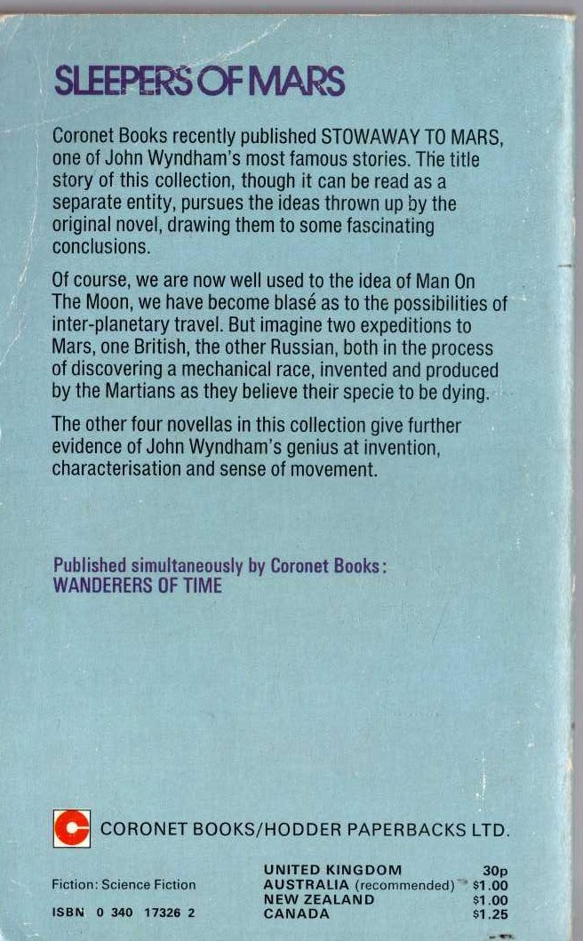 John Wyndham  SLEEPERS OF MARS magnified rear book cover image