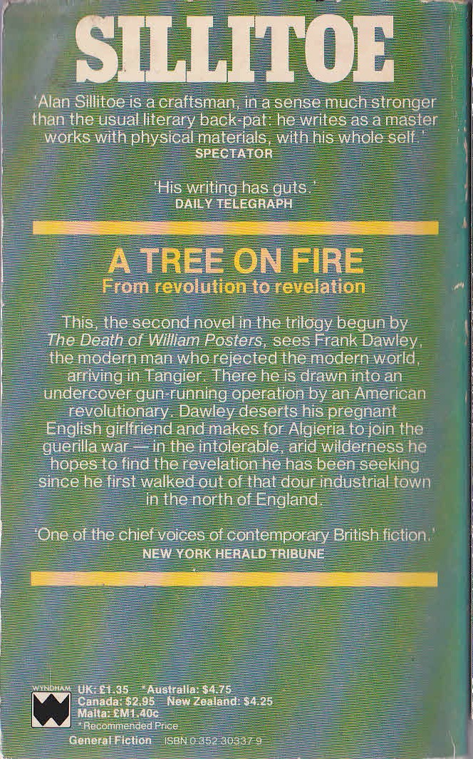 Alan Sillitoe  A TREE ON FIRE magnified rear book cover image