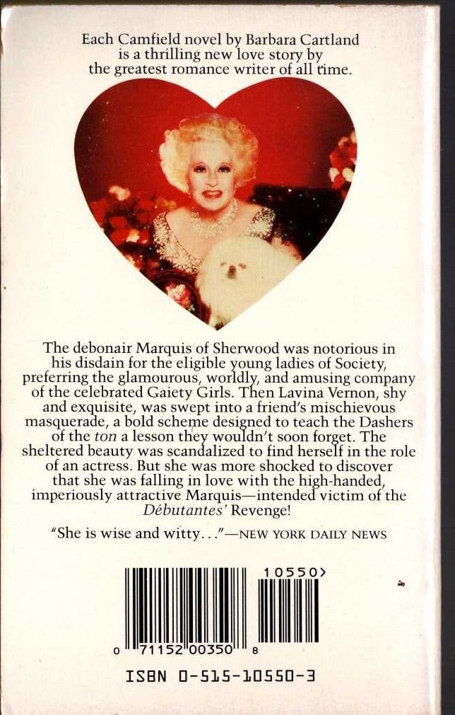 Barbara Cartland  BEAUTY OR BRAINS? magnified rear book cover image