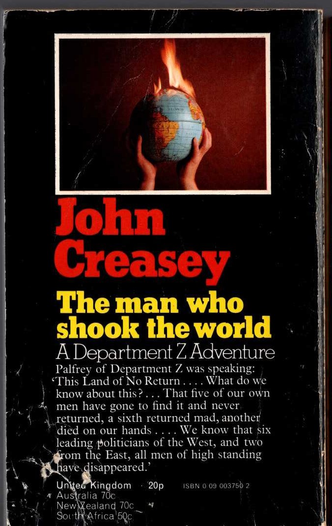 John Creasey  THE MAN WHO SHOOK THE WORLD (Department Z) magnified rear book cover image