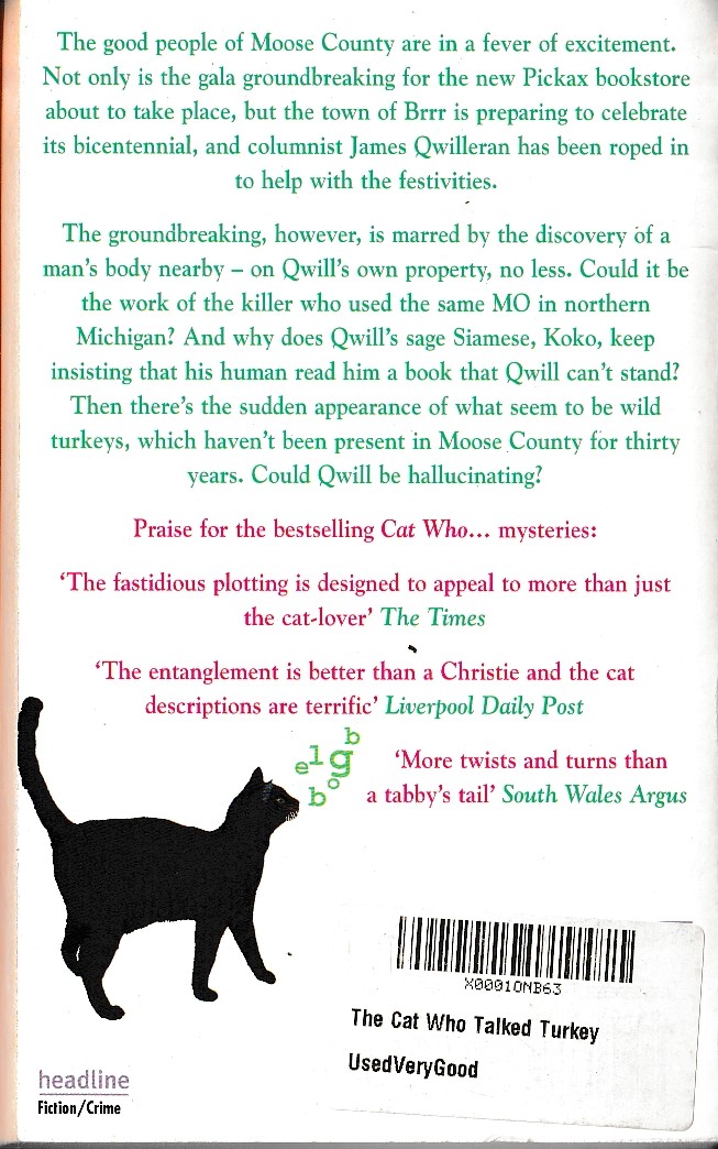 Lilian Jackson Braun  THE CAT WHO TALKED TURKEY magnified rear book cover image