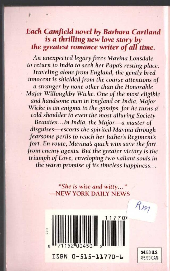 Barbara Cartland  AN ICICLE IN INDIA magnified rear book cover image