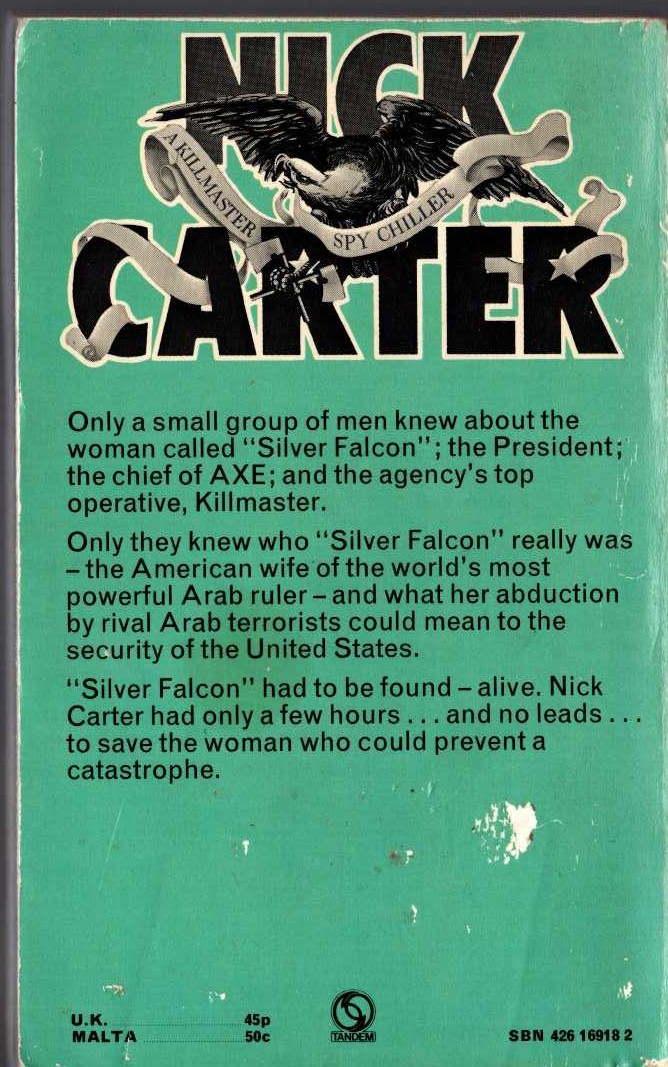 Nick Carter  DEATH OF THE FALCON magnified rear book cover image