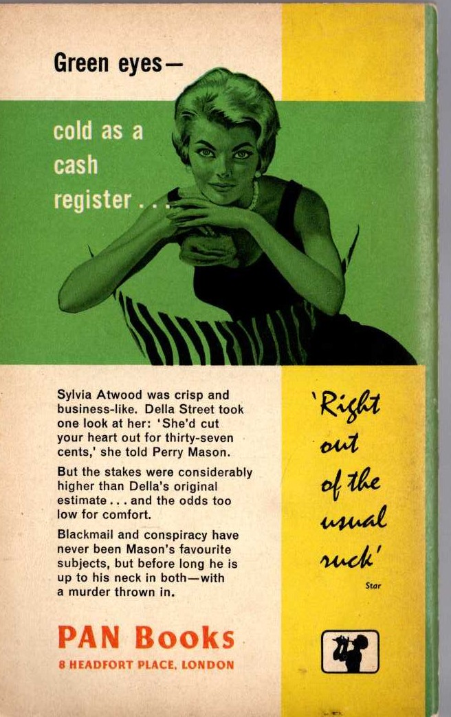 Erle Stanley Gardner  THE CASE OF THE GREEN-EYED SISTER magnified rear book cover image