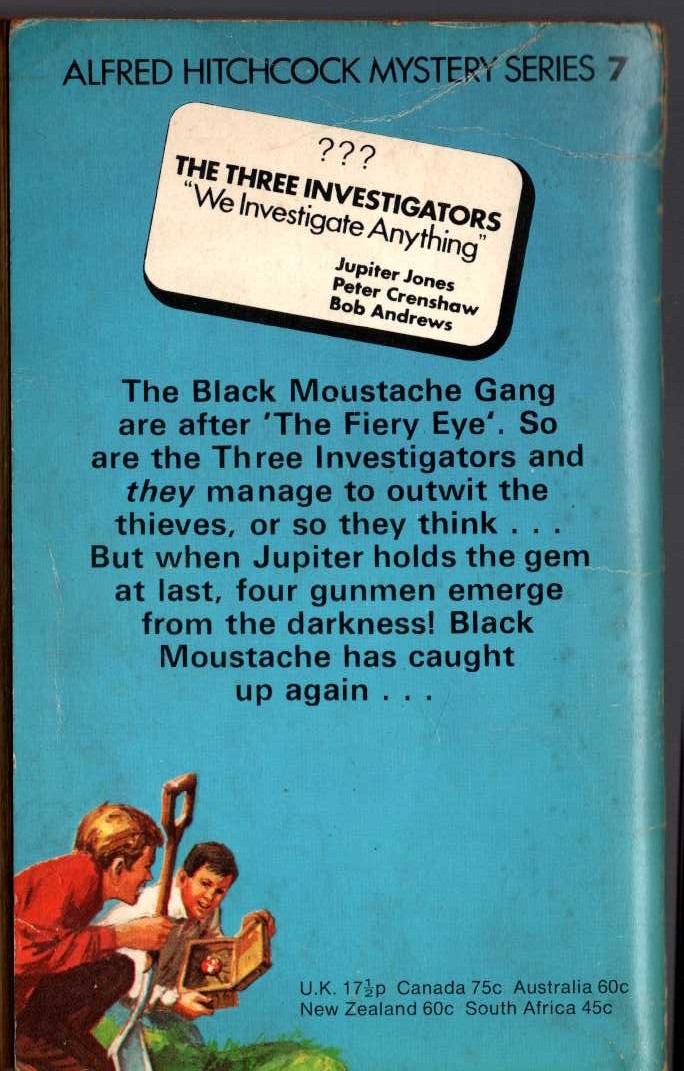 Alfred Hitchcock (introduces_The_Three_Invesitgators) THE MYSTERY OF THE FIERY EYE magnified rear book cover image