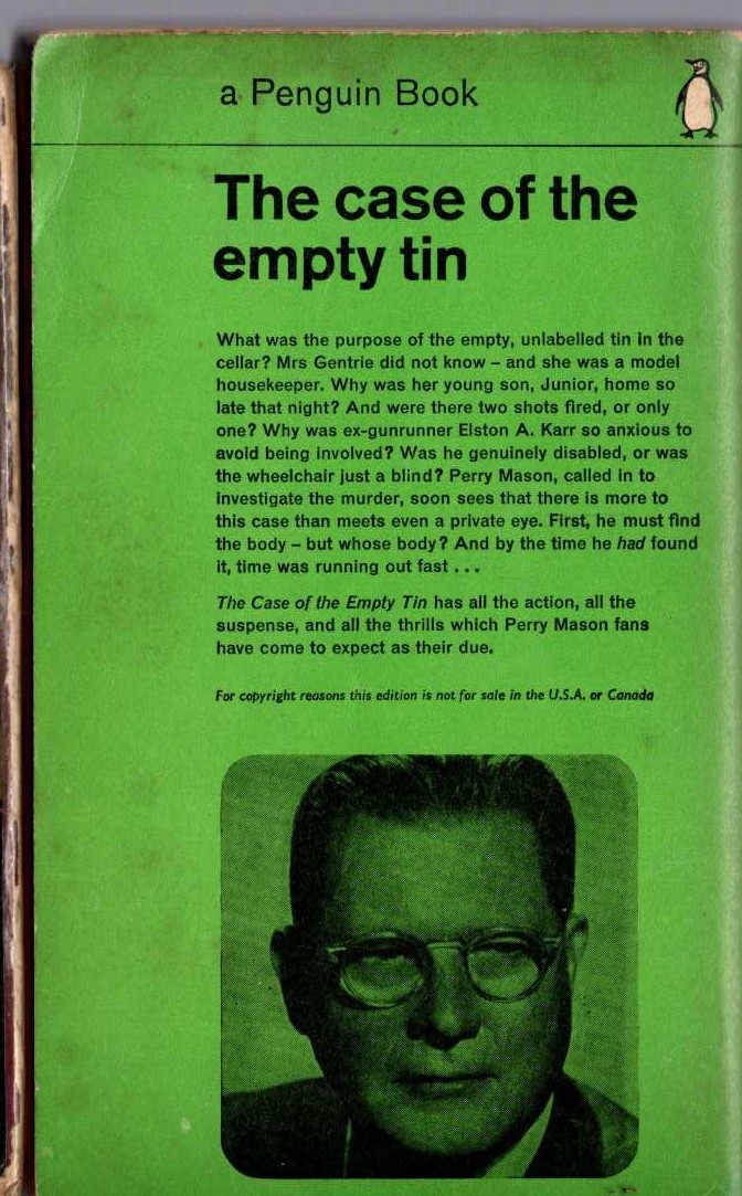 Erle Stanley Gardner  THE CASE OF THE EMPTY TIN magnified rear book cover image