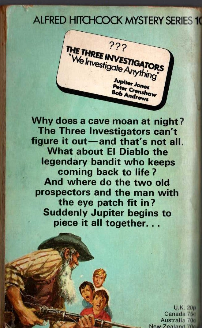 Alfred Hitchcock (introduces_The_Three_Invesitgators) THE MYSTERY OF THE MOANING CAVE magnified rear book cover image