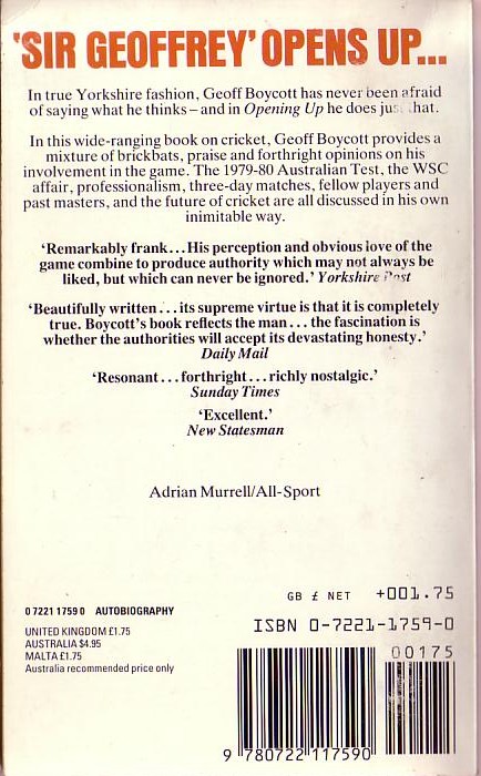 Geoff Boycott OPENING UP (Autobiography)<BR>
 . .Sphere 1982 (Photos) magnified rear cover image