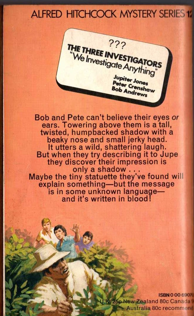 Alfred Hitchcock (introduces_The_Three_Investigators) THE MYSTERY OF THE LAUGHING SHADOW magnified rear book cover image