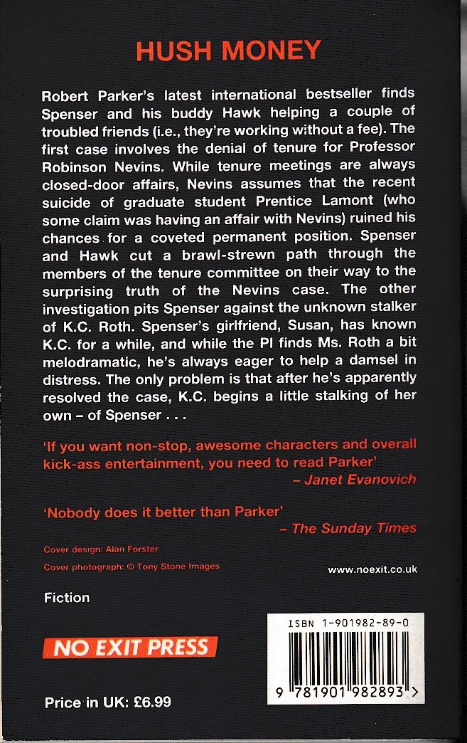 Robert B. Parker  HUSH MONEY magnified rear book cover image