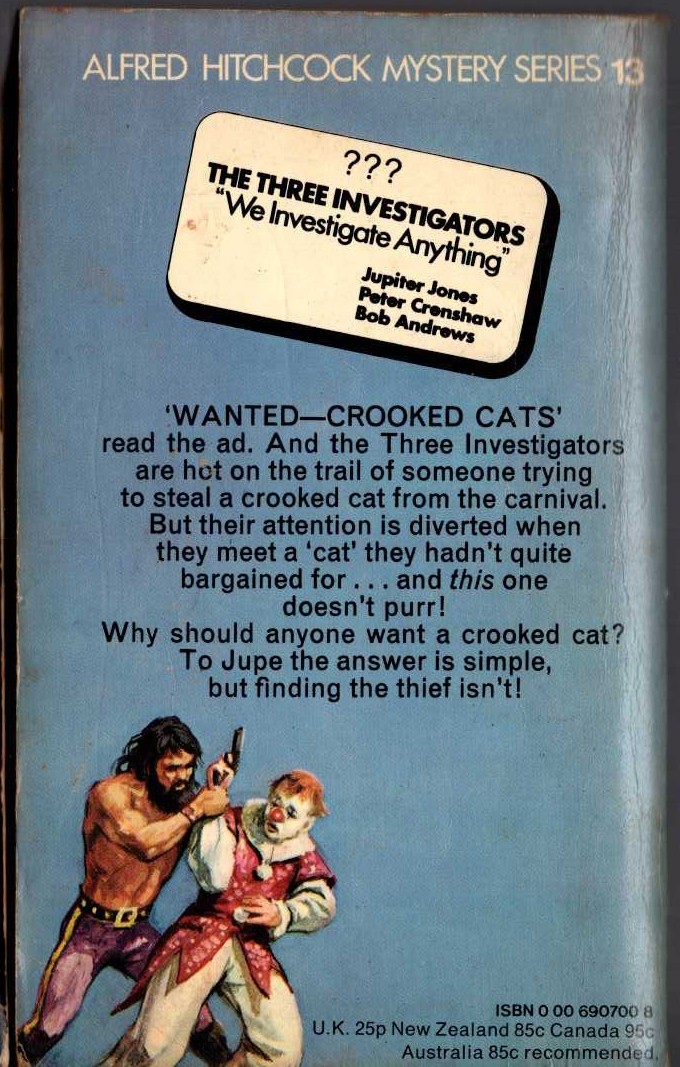 Alfred Hitchcock (introduces_The_Three_Investigators) THE SECRET OF THE CROOKED CAT magnified rear book cover image