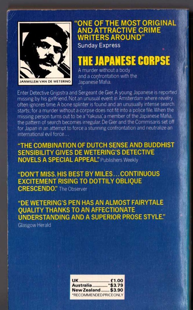 Janwillem van de Wetering  THE JAPANESE CORPSE magnified rear book cover image