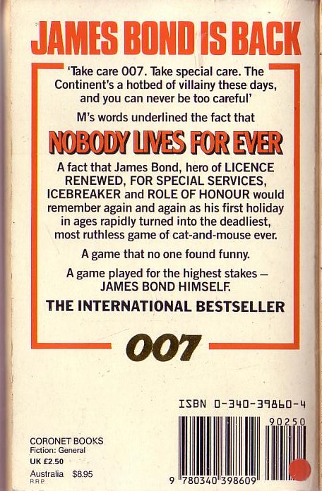 John Gardner  NOBODY LIVES FOREVER magnified rear book cover image