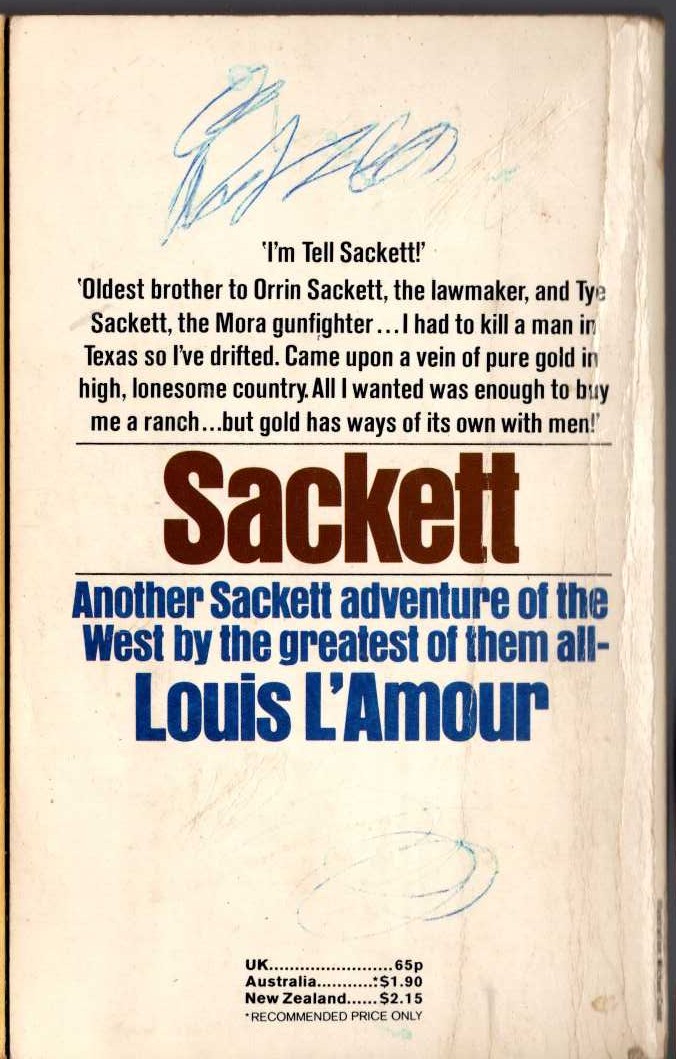 Louis L'Amour  SACKETT magnified rear book cover image