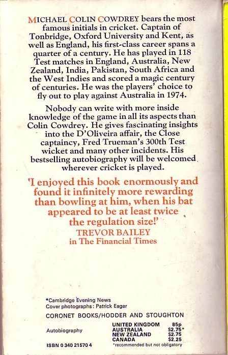 Colin Cowdry
 .M.C.C. The Autobiography of a Cricketer<BR>
 . .Coronet 1977 (Photo) rear cover image