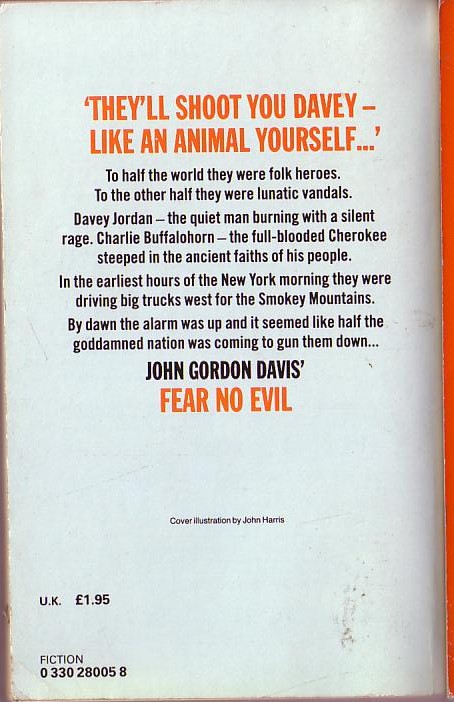 John Gordon Davis  FEAR NO EVIL magnified rear book cover image