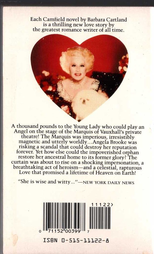 Barbara Cartland  THE ANGEL AND THE RAKE magnified rear book cover image