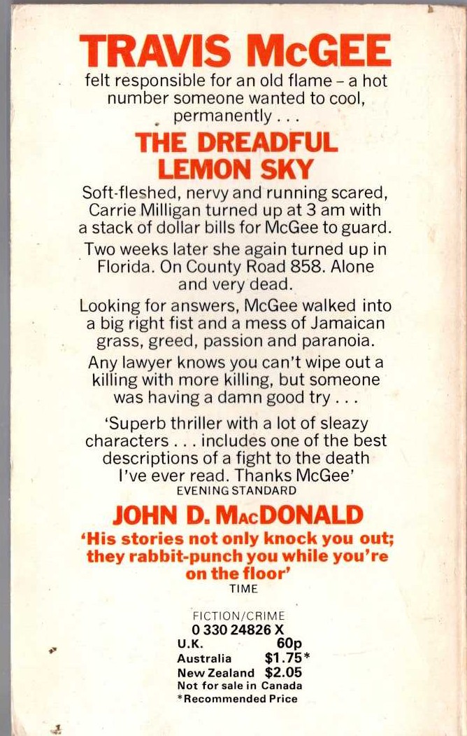 John D. MacDonald  THE DREADFUL LEMON SKY magnified rear book cover image
