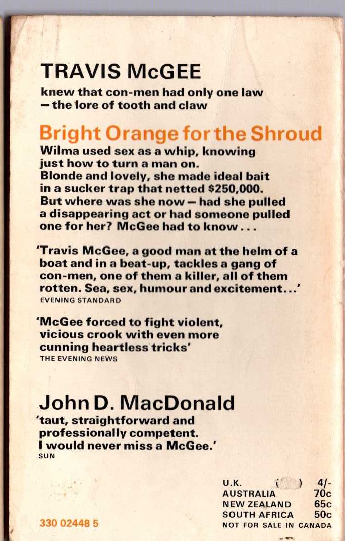 John D. MacDonald  BRIGHT ORANGE FOR A SHROUD magnified rear book cover image
