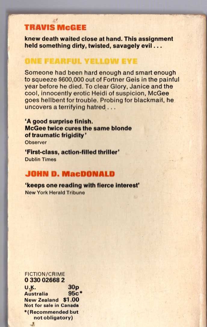 John D. MacDonald  ONE FEARFUL YELLOW EYE magnified rear book cover image