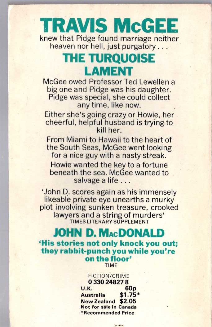 John D. MacDonald  THE TURQUOISE LAMENT magnified rear book cover image