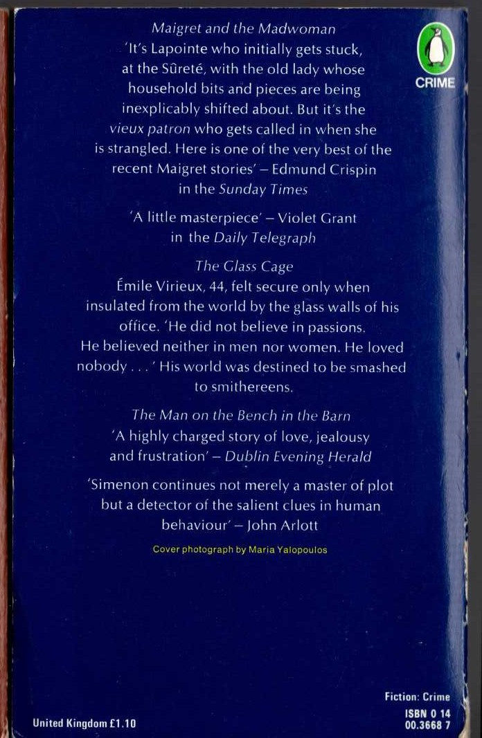 Georges Simenon  THE TENTH SIMENON OMNIBUS: MAIGRET AND THE MADWOMAN/ THE GLASS CAGE/ THE MAN ON THE BENCH IN THE BARN magnified rear book cover image