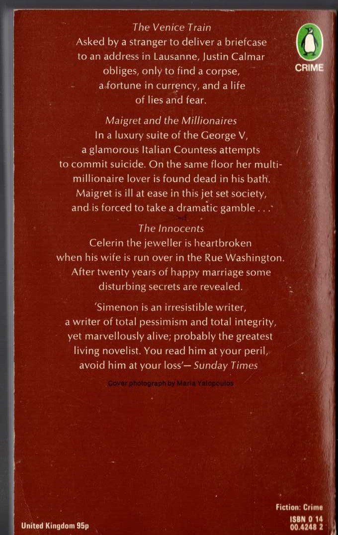 Georges Simenon  THE ELEVENTH SIMENON OMNIBUS: THE VENICE TRAIN/ MAIGRET AND THE MILLIONAIRES/ THE INNOCENTS magnified rear book cover image