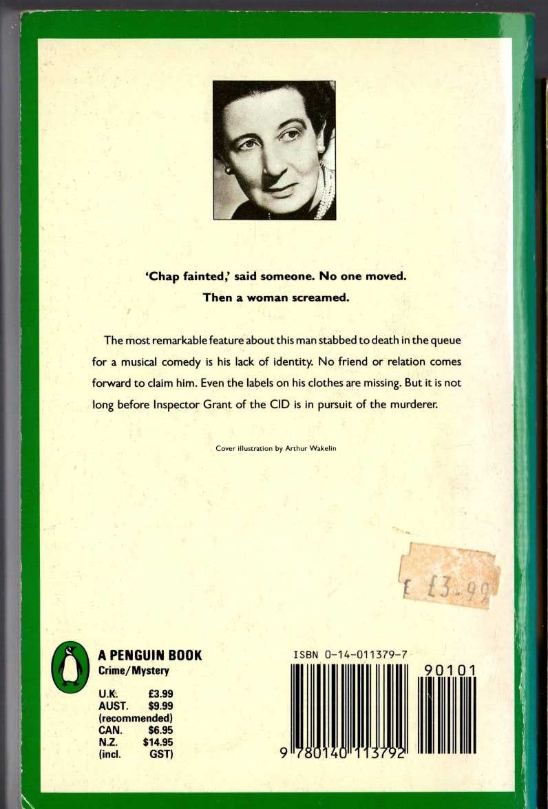 Josephine Tey  THE MAN IN THE QUEUE magnified rear book cover image
