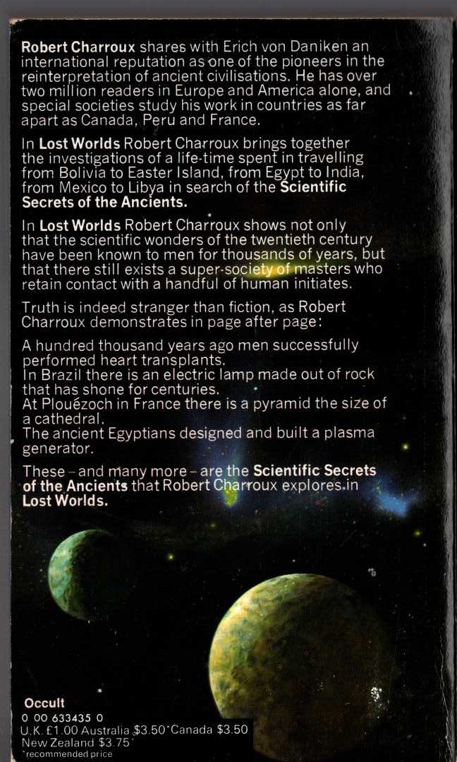 Robert Charroux  LOST WORLDS. Scientific Secret of the Ancients magnified rear book cover image
