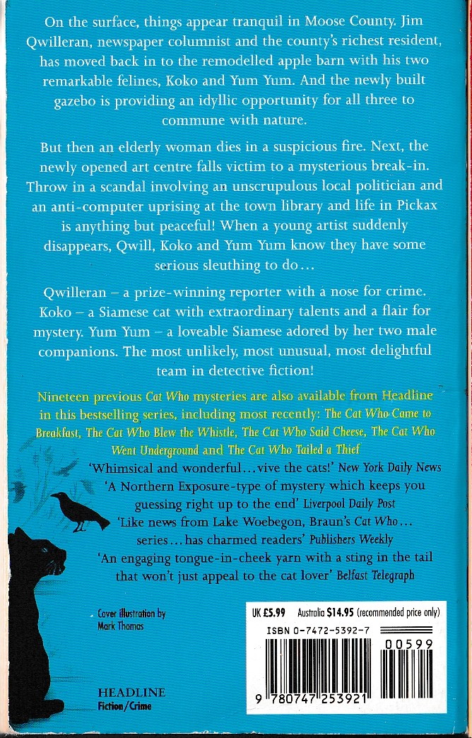 Lilian Jackson Braun  THE CAT WHO SANG FOR THE BIRDS magnified rear book cover image