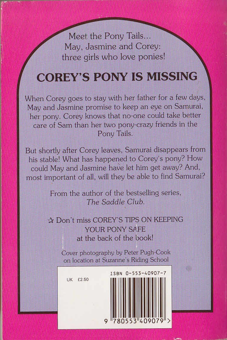 Bonnie Bryant  PONY TALES 3: COREY'S PONY IS MISSING magnified rear book cover image