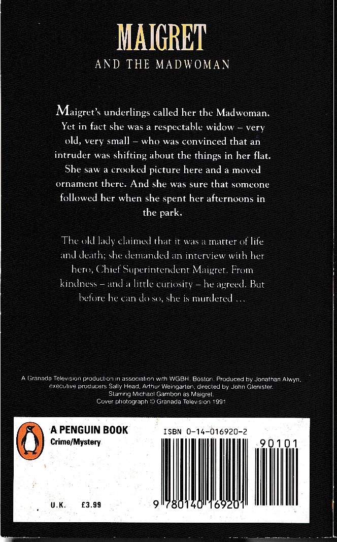 Georges Simenon  MAIGRET AND THE MADWOMAN (Michael Gambon) magnified rear book cover image