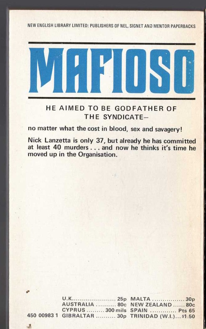 Peter McCurtin  MAFIOSO magnified rear book cover image