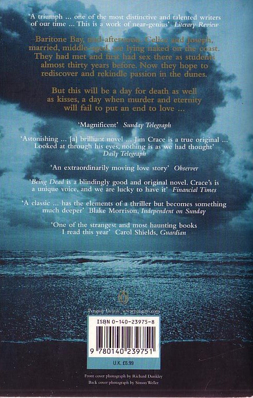 Jim Crace  BEING DEAD magnified rear book cover image