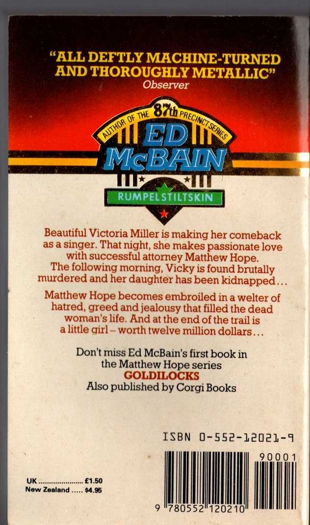 Ed McBain  RUMPLESTILTSKIN magnified rear book cover image