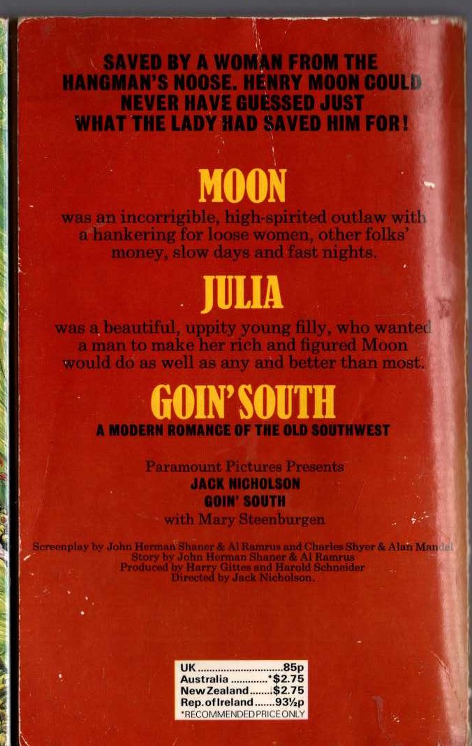 Madeleine Shaner  GOIN' SOUTH (Jack Nicholson) magnified rear book cover image