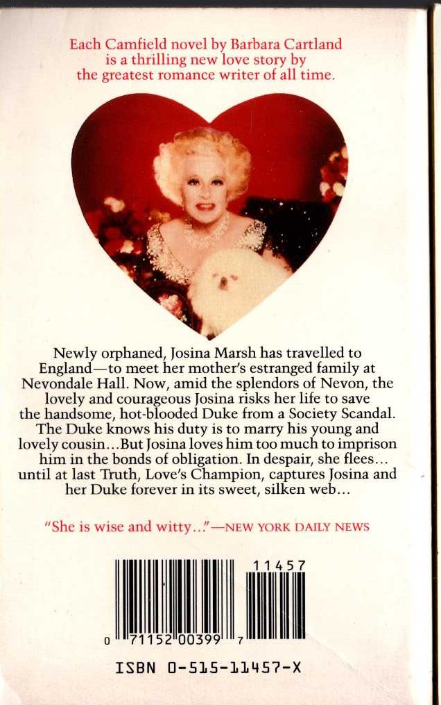 Barbara Cartland  NEVER LOSE LOVE magnified rear book cover image
