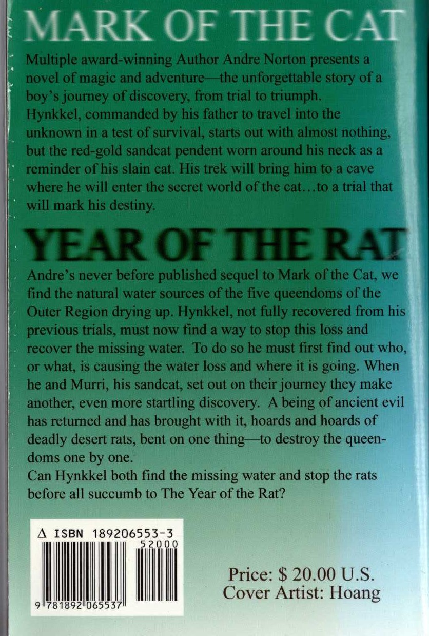 Andre Norton  MARK OF THE CAT / YEAR OF THE RAT magnified rear book cover image