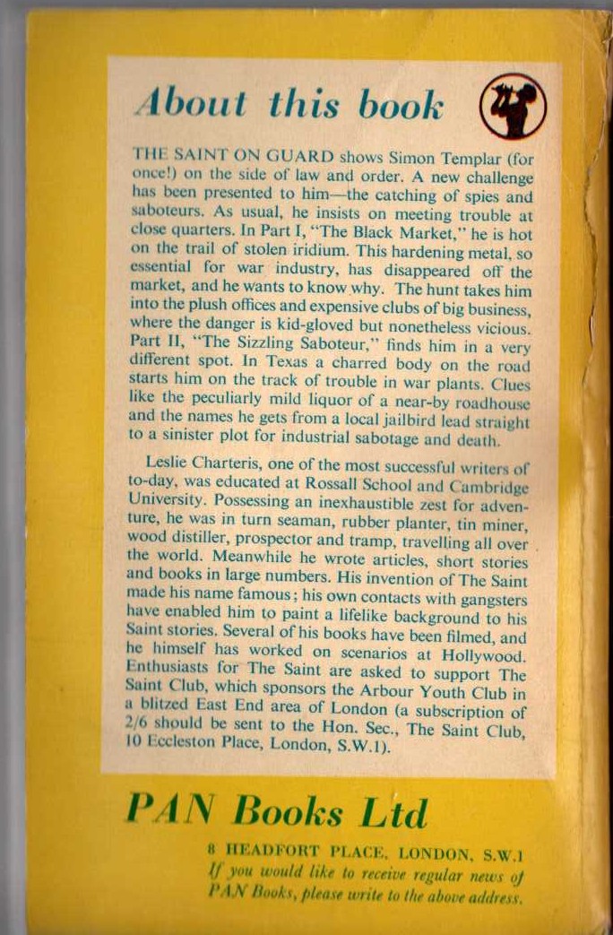 Leslie Charteris  THE SAINT ON GUARD magnified rear book cover image