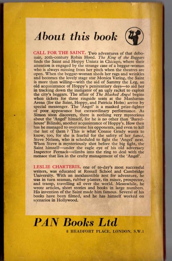 Leslie Charteris  CALL FOR THE SAINT magnified rear book cover image