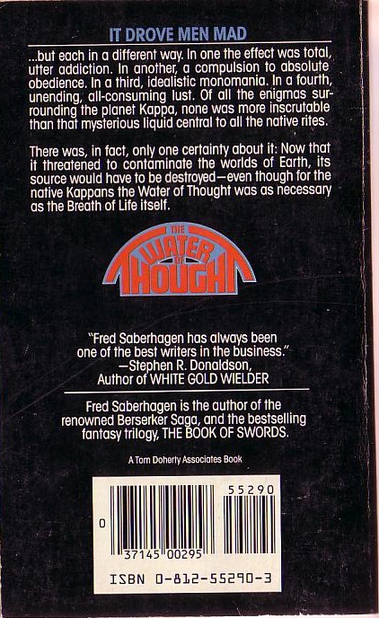 Fred Saberhagen  THE WATER OF THOUGHT magnified rear book cover image
