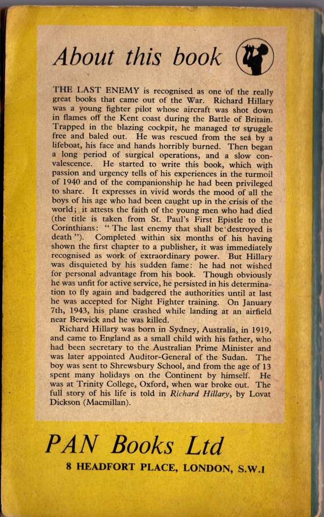 Richard Hillary  THE LAST ENEMY magnified rear book cover image
