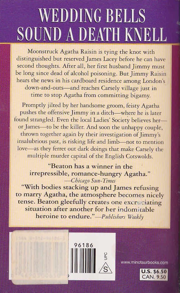 M.C. Beaton  AGATHA RAISIN AND THE MURDEROUS MARRIAGE magnified rear book cover image