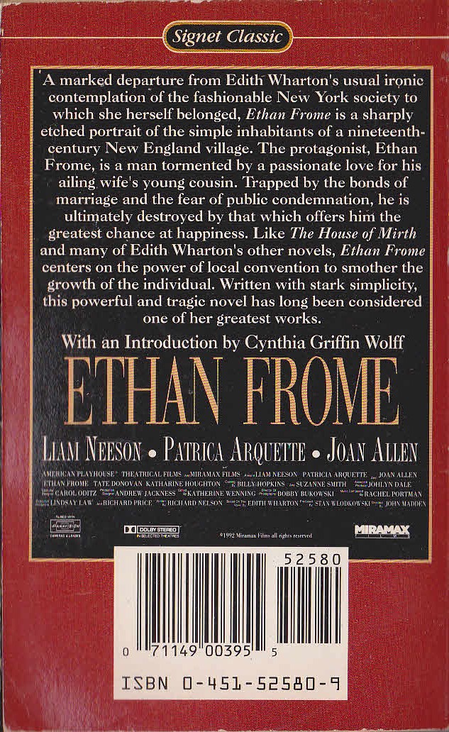 Edith Wharton  ETHAN FROME (Liam Neeson) magnified rear book cover image