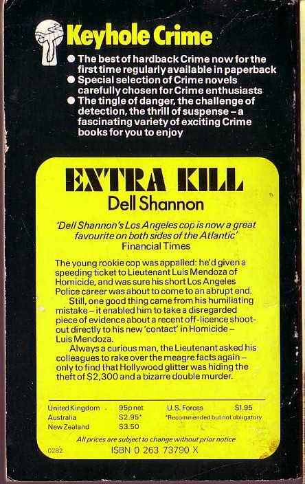Dell Shannon  EXTRA KILL magnified rear book cover image
