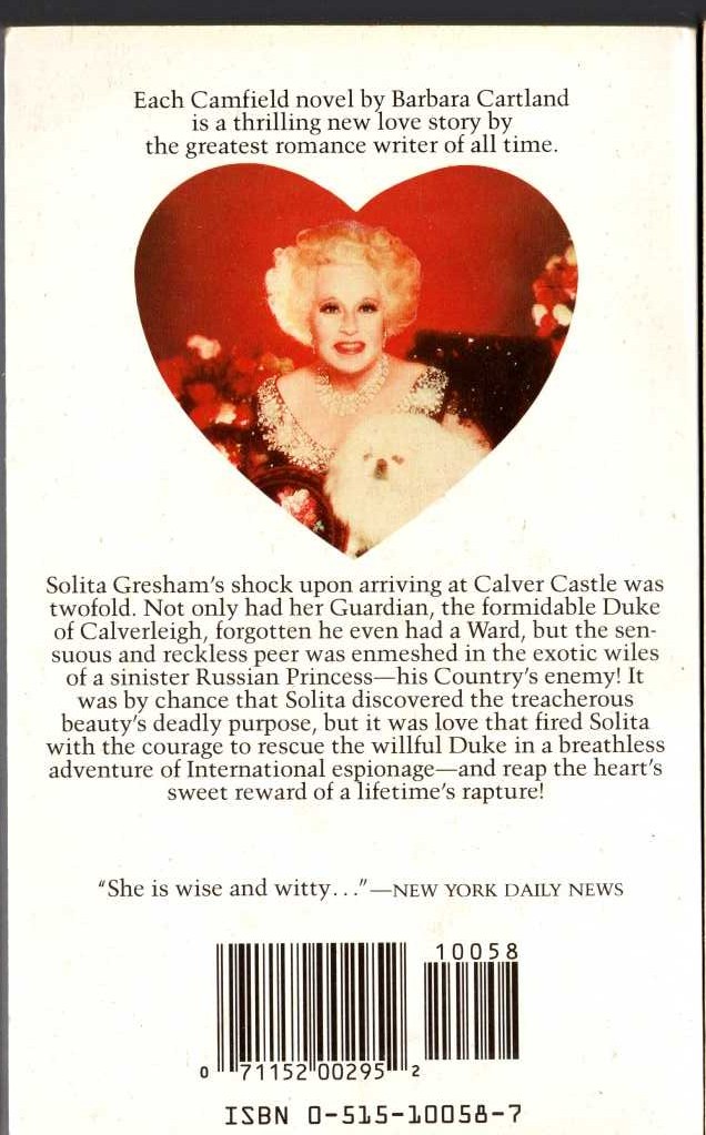 Barbara Cartland  SOLITA AND THE SPIES magnified rear book cover image