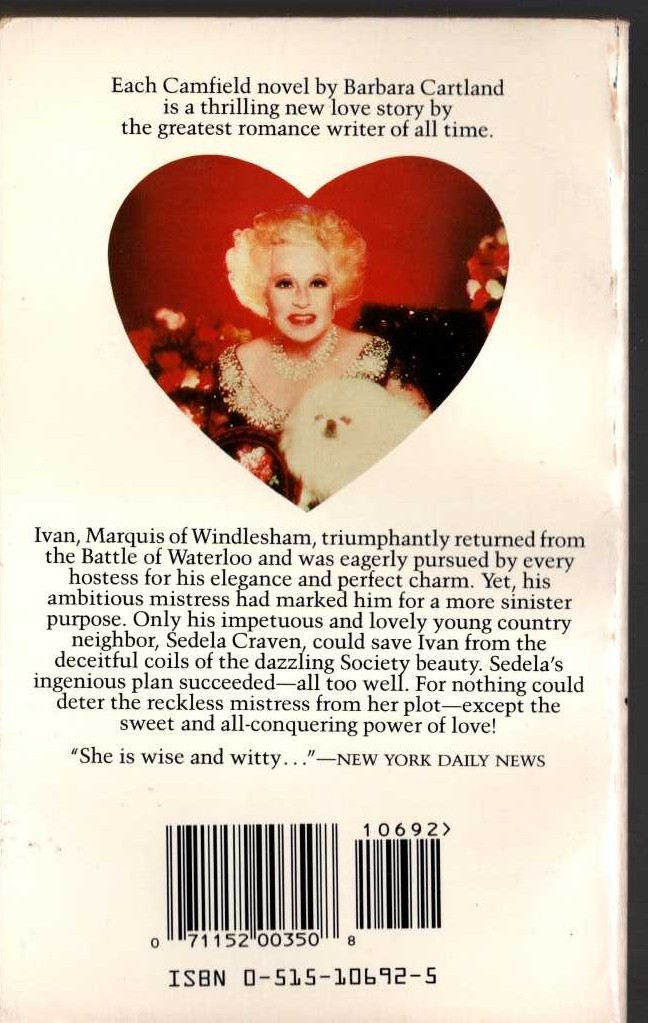 Barbara Cartland  WARNED BY A GHOST magnified rear book cover image