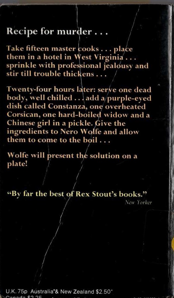Rex Stout  TOO MANY COOKS magnified rear book cover image